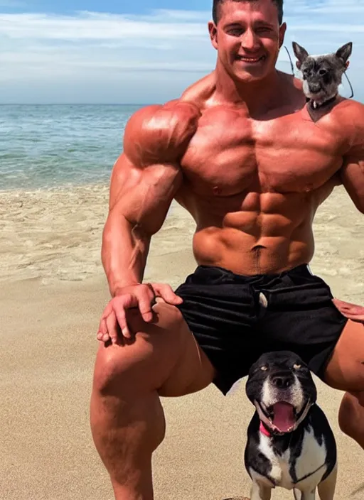 Prompt: Photo of a very muscular man whose only friend is his dog. on the beach