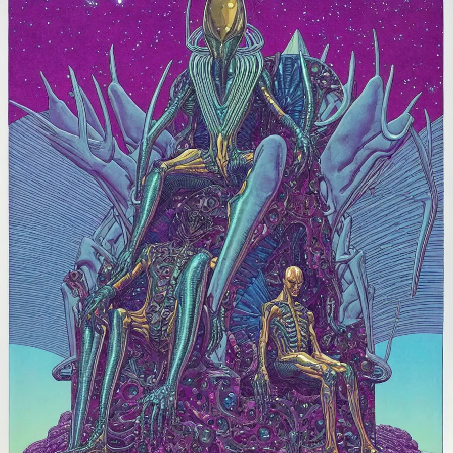 Prompt: ( ( ( ( an alien king sitting on a throne, decorative frame design ) ) ) ) by mœbius!!!!!!!!!!!!!!!!!!!!!!!!!!!, overdetailed art, colorful, artistic record jacket