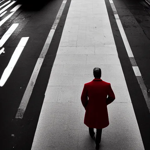 Prompt: A high angle dramatic portrait of a man wearing red coat , walking in a black and white street . Cinematic lighting