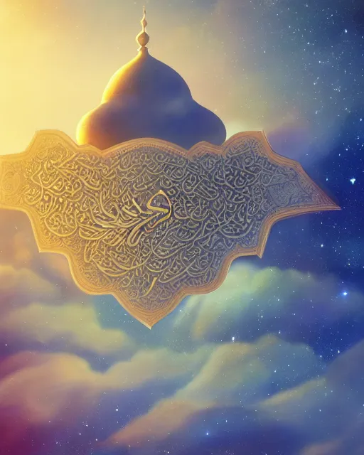 Image similar to the quran descending from the galaxy into clouds highly detailed, gold filigree, romantic storybook fantasy, soft cinematic lighting, award, pastel color palette, featured on artstation