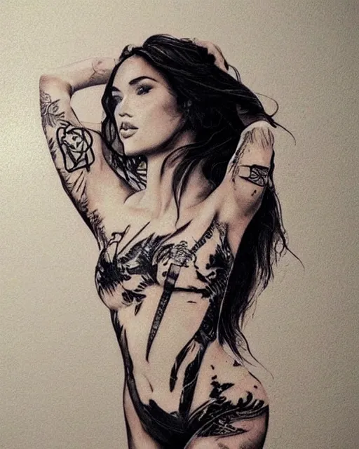 Image similar to double exposure effect tattoo design sketch of megan fox with amazing mountain scenery, realism tattoo, in the style of den yakovlev, amazing detail, sharp