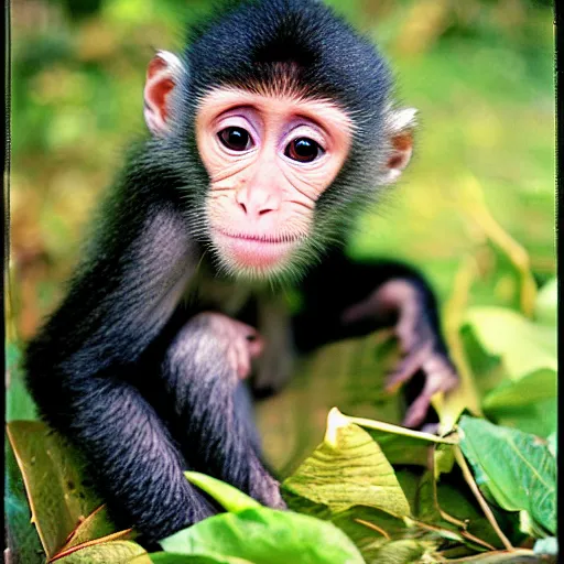 Prompt: cute baby monkey photo, KODAK Ektachrome 100