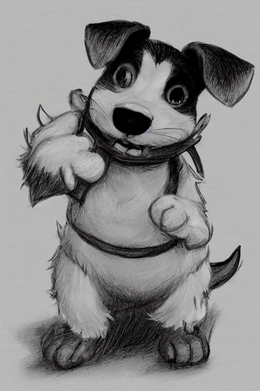 Image similar to cute jack black and white russel terrier scratching his ear, large round eyes, living room, sketch, concept art, game art, character sheet, character design, sketch by cory loftis and bill schwab