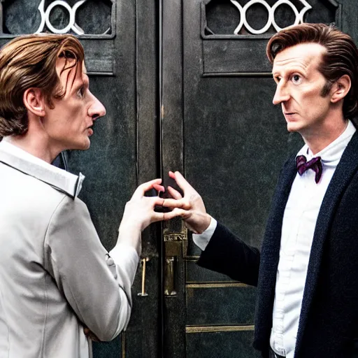 Prompt: the 1 1 th doctor from doctor who meeting sherlock holmes from sherlock in the tardis of the 1 1 th doctor