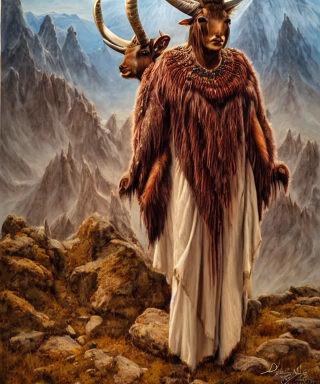 Prompt: a detailed horned antelopewoman stands among the mountains. wearing a ripped mantle, robe. perfect faces, extremely high details, realistic, fantasy art, solo, masterpiece, soft cimematic colors and lighting, art by daniel e. greene, zoey frank, vincent desiderio, hermann nitsch
