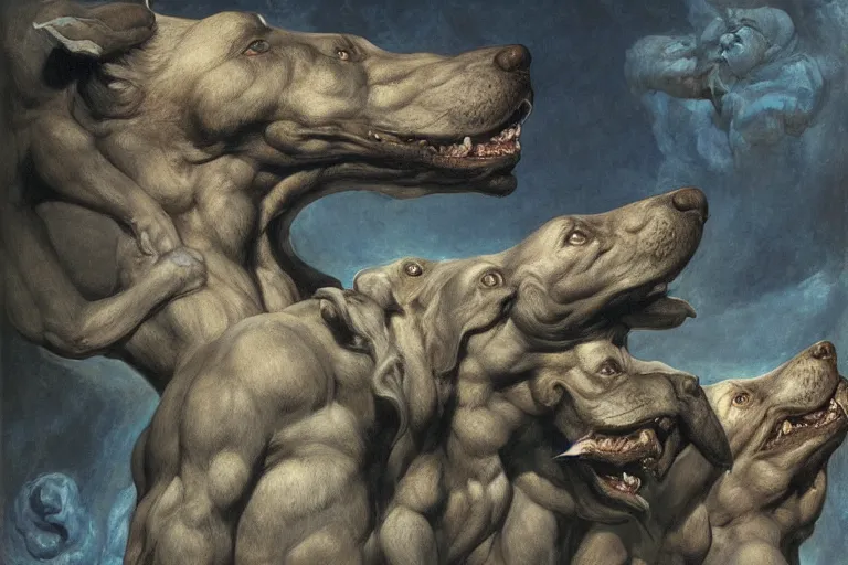 Image similar to hyperdetailed matte art of cerberus by william blake, ilya repin, amano, rene magritte, craig mullins, three headed dog, details