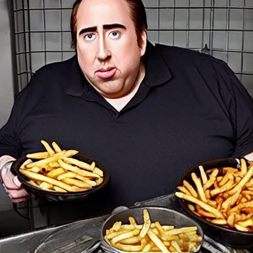 Prompt: obese nicholas cage in a cage with cajun fries