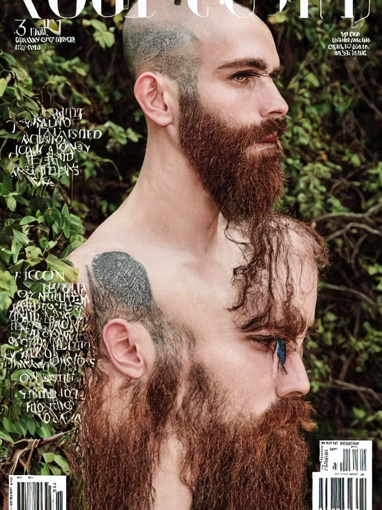 Prompt: longshot modern intricate textile ancient greek himation cloak fibula shaved head full beard walking along the small creek in the woods marc jacobs gucci magazine cover dramatic