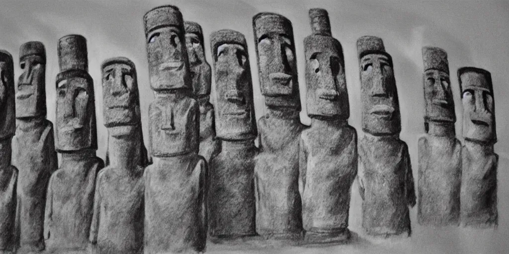 Prompt: charcoal drawing of easter island heads in the shape of lego people