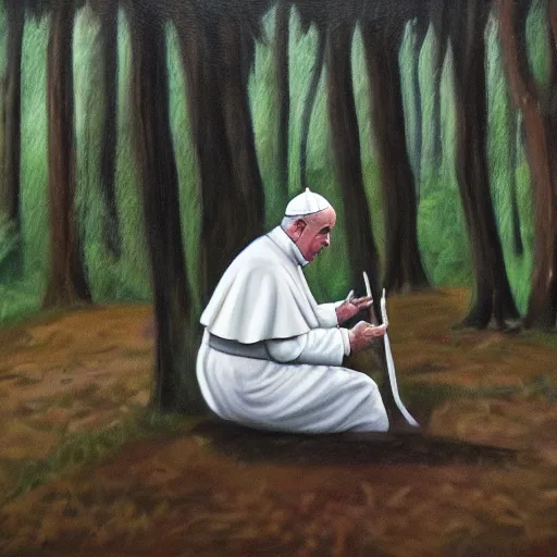 Prompt: the pope defecating in the forest while squatting, oil painting
