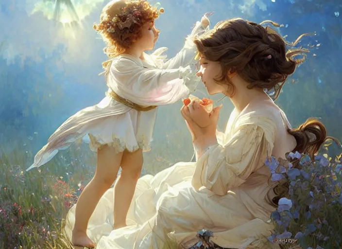 Image similar to a cute little girl with curly light brown hair and blue eyes meeting an elegant unicorn, beautiful fantasy painting by artgerm and greg rutkowski and alphonse mucha