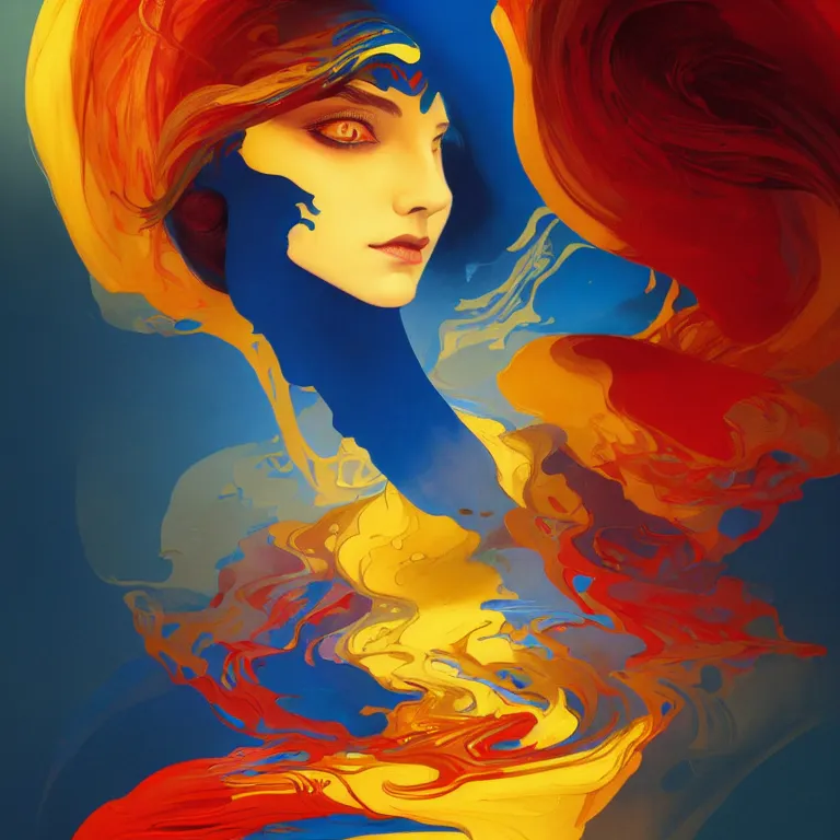 Image similar to Fool is a hue created with swirls of yellow gouache, joyous red, and a daub of crystalline ultramarine, intricate, highly detailed, digital painting, artstation, concept art, smooth, sharp focus, illustration, Unreal Engine 5, 8K, art by artgerm and greg rutkowski and alphonse mucha