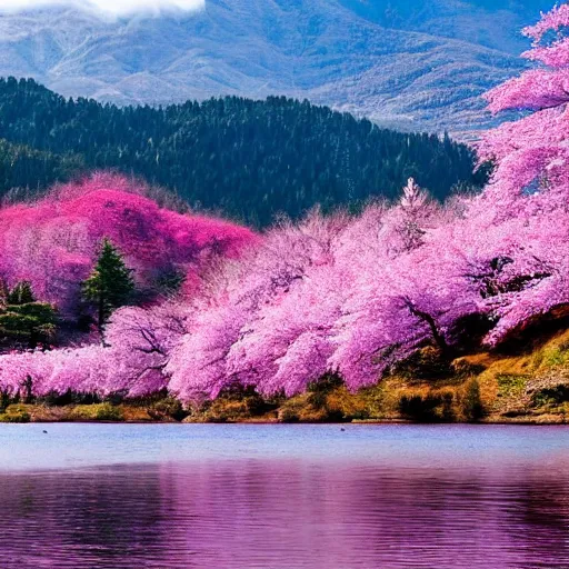 Prompt: forest and lakes with purple Sakura flowers with snow mountains at the background