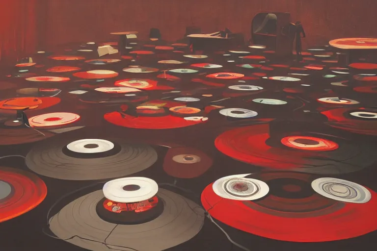 Image similar to an expressive painting of a floor of vinyl records, dark background, red rim light, digital art, artstation, concept art by giger stalenhag