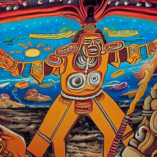 Prompt: mayan mural of dan akroyd piloting a ufo, national geographic, history channel