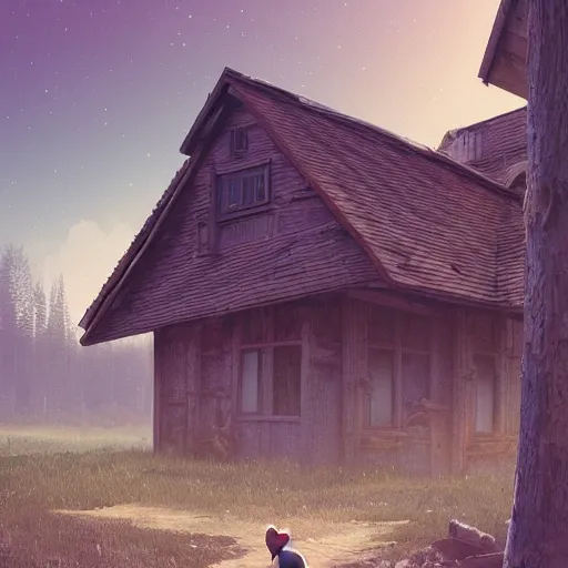 Image similar to woman leaving her wooden broken house by simon stålenhag, very highly detailed, award winning, rendered by Beeple, by Makoto Shinkai, syd meade, starwars, space art concept, digital art, unreal engine, blender, WLOP, trending on artstation, 4K UHD image, octane render