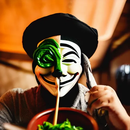 Image similar to anonymous with face covered by stirfry pork, cinematic dramatic composition, happy lighting