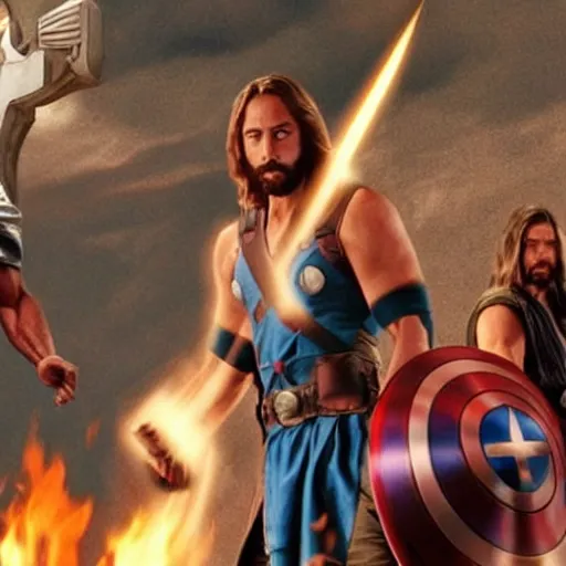 Image similar to jesus christ fighting alongside the avengers, using his cross as weapon, photorealistic, cinematic lighting, extremely detailed, marvel cinematic universe