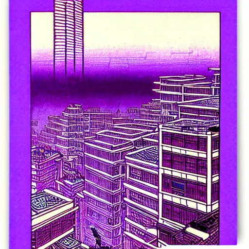 Image similar to purple cyberpunk city, by Hokusai