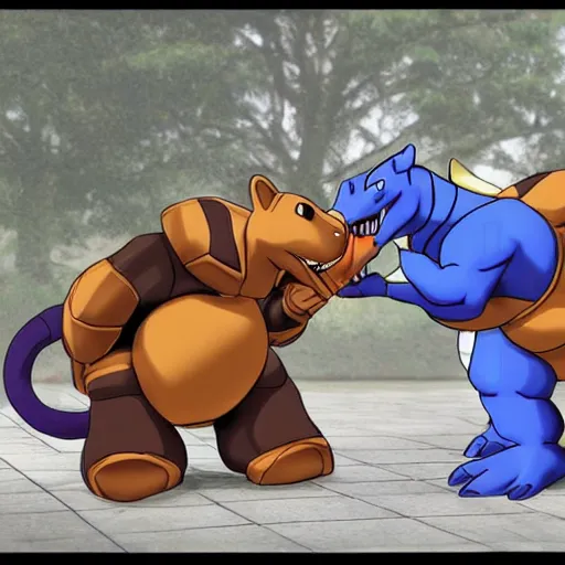 Prompt: realistic blastoise fighting a black charizard