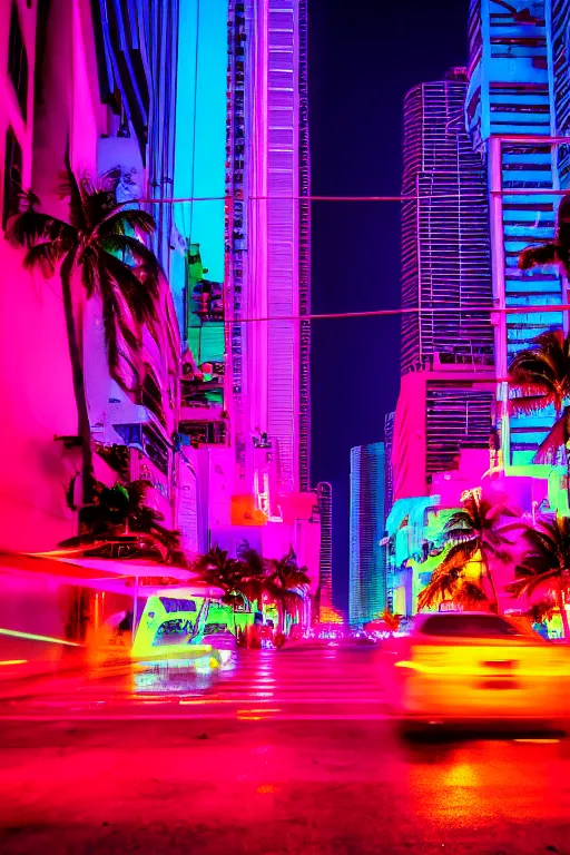 Image similar to neon streets of miami, 4 k, award winning photo, cyberpunk style