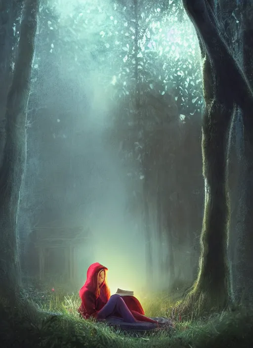 Image similar to portrait, stunningly beautiful girl wearing a hoodie, sits in a mystical misty forest, reading under a tree, fireflies and fairies, dramatic lighting, cinematic, establishing shot, extremly high detail, foto realistic, cinematic lighting, post processed, concept art, artstation, matte painting, style by eddie mendoza, raphael lacoste, alex ross