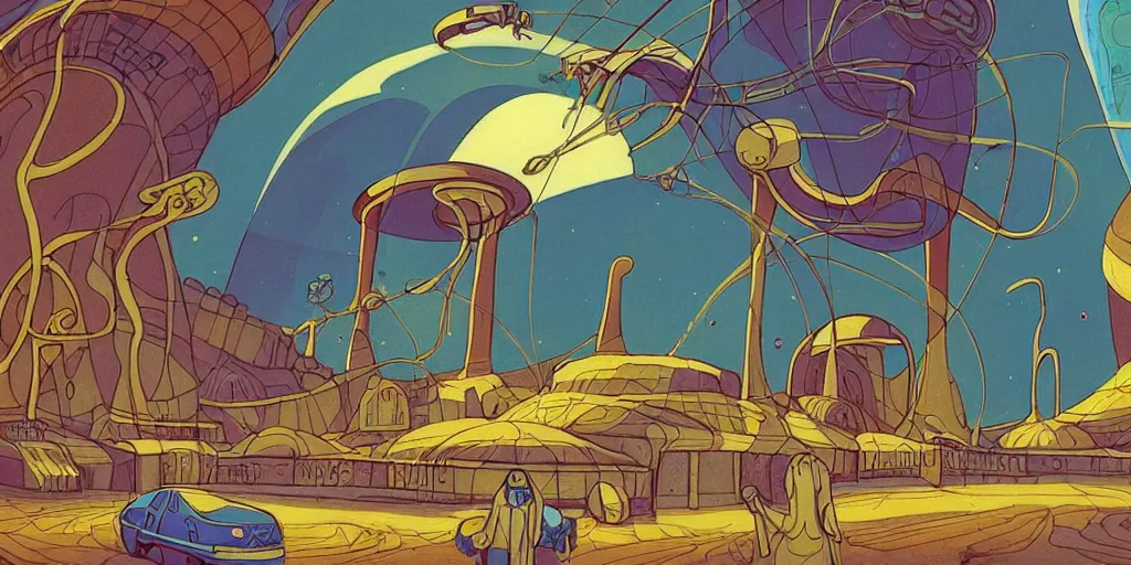 Image similar to traditional drawn colorful animation a car solo stranger with sad face pacing to valley symmetrical architecture on the ground, space station planet afar, planet surface, ground, flower, outer worlds extraterrestrial hyper contrast well drawn Metal Hurlant Pilote and Pif in Jean Henri Gaston Giraud animation film The Masters of Time FANTASTIC PLANET La planète sauvage animation by René Laloux