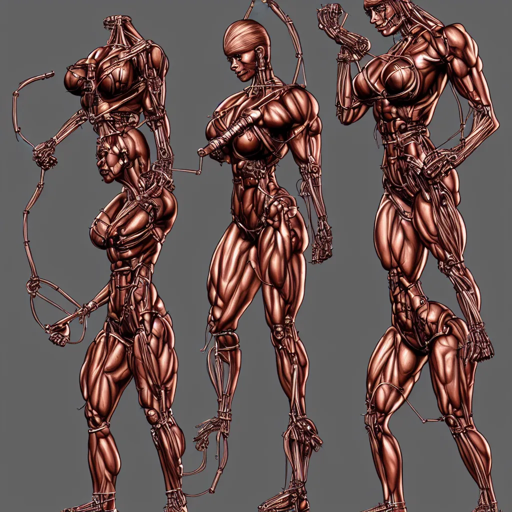 Image similar to character design, bodybuilder female terminator, open mechanical, electronics, veins, cables, rust, sparks