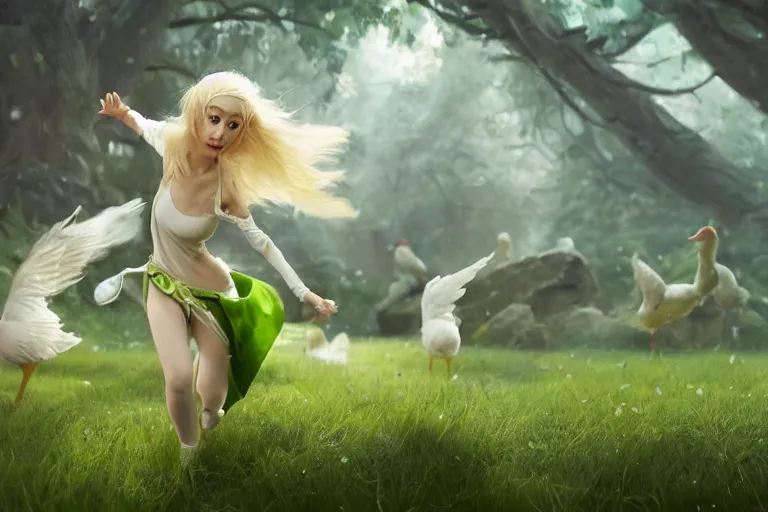 Image similar to a blonde elf wearing a green tunic running away from a flock of white chickens , made by Stanley Artgerm Lau, WLOP, Rossdraws, ArtStation, CGSociety, concept art, cgsociety, octane render, trending on artstation, artstationHD, artstationHQ, unreal engine, 4k, 8k,