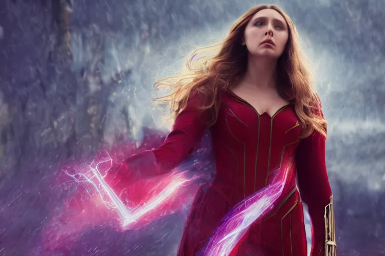 Image similar to movie still of elizabeth olsen as scarlet witch rewriting the fabric of reality, photorealistic art style, fantasy aesthetic. full - body photography, comprehensive art, thorough details, intricate, artstation, cgsociety contest winner