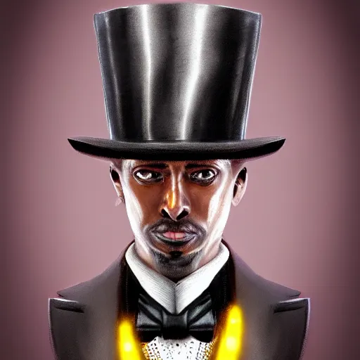 Image similar to a highly detailed portrait of a man in a high top hat covering his face, in a black tailcoat with a yellow waistcoat under the tailcoat, artstation, deviantart, professional, unreal engine 5, photorealistic