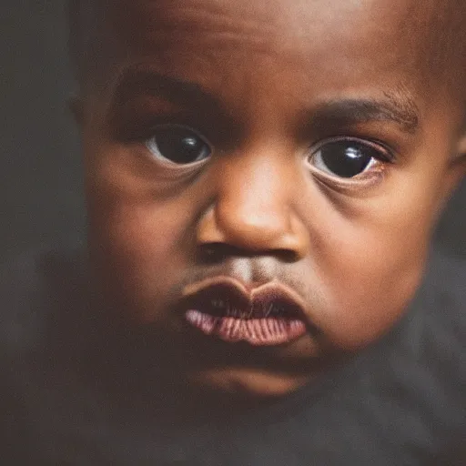 Image similar to the face of kanye west at 4 years old, portrait by julia cameron, chiaroscuro lighting, shallow depth of field, 8 0 mm, f 1. 8