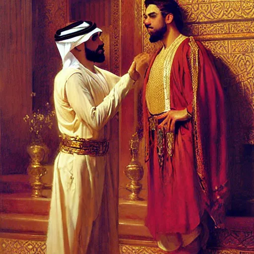 Image similar to attractive arab king confesses his love for his attractive male prince. highly detailed painting by gaston bussiere, craig mullins, j. c. leyendecker