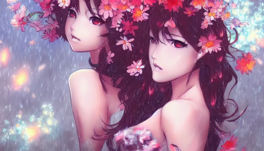 Image similar to anime girl, flowers, rain, lightning, storm, digital painting, illustration by james jean and artgerm and mina petrovic and timothy kong and marina federovna, artstation