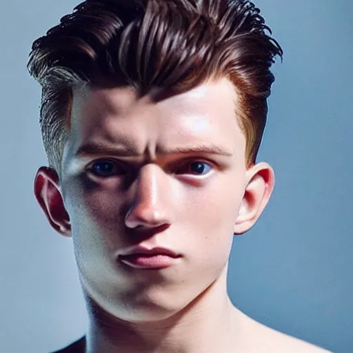 Image similar to “a realistic detailed photo of a guy who is an attractive humanoid who is half robot and half humanoid, who is a male android, Tom Holland, shiny skin, posing like a statue, blank stare”