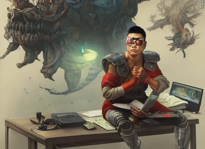 Image similar to an insanely detailed painting of an asian man wearing a homemade superhero costume, sitting at a desk, staring seriously at the computer and typing, in the style of peter mohrbacher, james jean, artgerm, dramatic lighting and composition, surreal background, octane render, pixar, trending on artstation, concept art, comic book, view from behind, 8 k