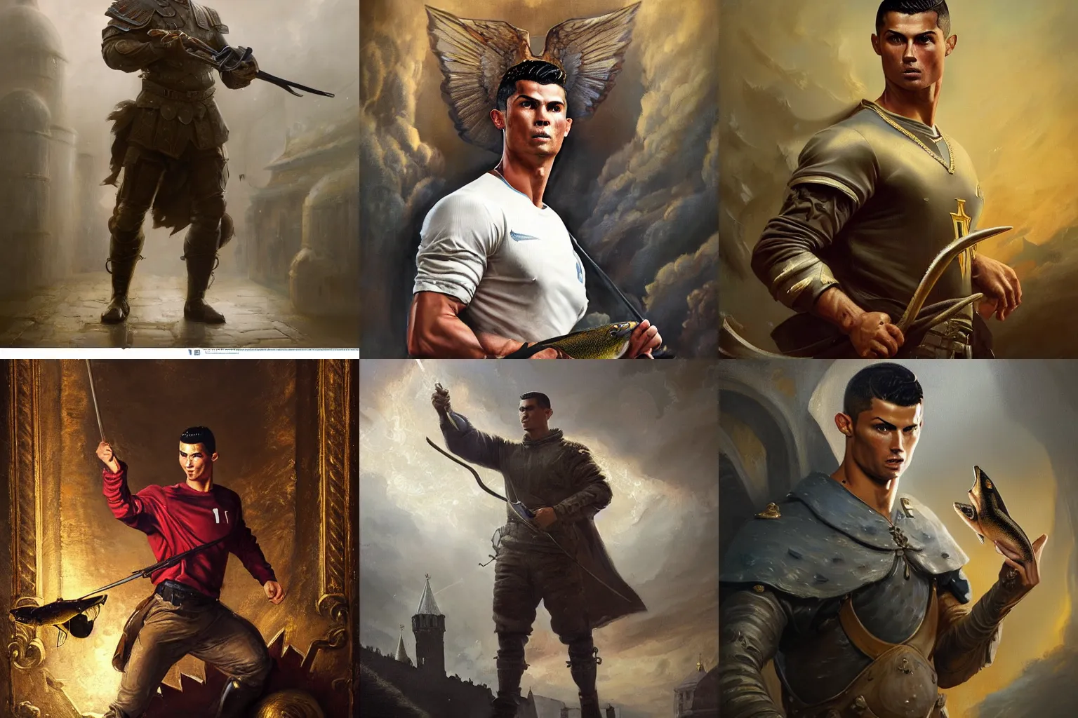 Prompt: Beautiful oil painting depicting Cristiano Ronaldo in the Kremlin holding a trout, Lucas Graziano, Frank Frazetta, Greg Rutkowski, Boris Vallejo, epic fantasy portrayal of characters, exquisite details, post-processing, low angle, masterpiece, cinematic