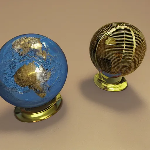 Image similar to a sphere containing a sphere which contains a city, the first sphere is translucent gold and the second sphere is translucent blue and the city is metallic silver, digital, 3D, detailed, photo realistic