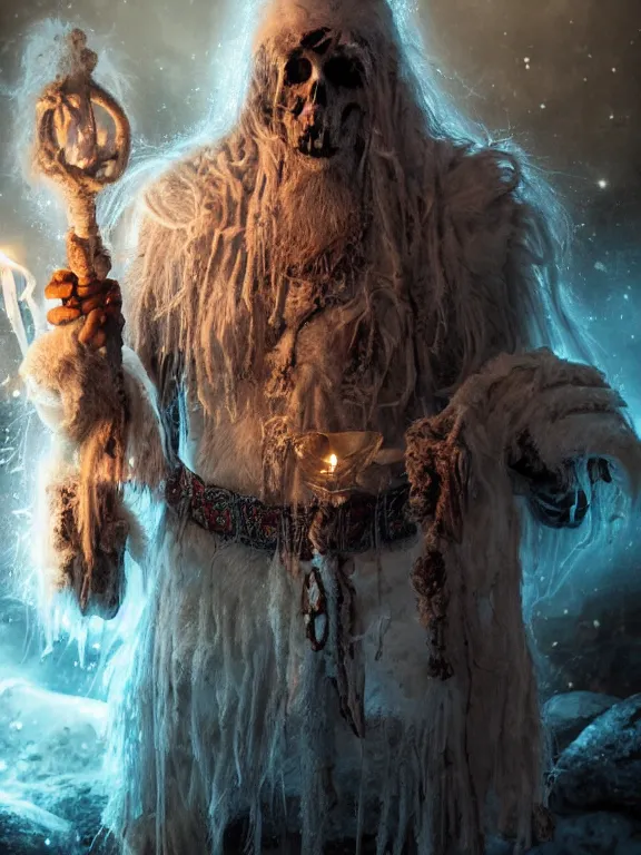 Prompt: fine painting of the white shaman of death from an ancient ice planet culture with mushrooms, candlelight, 8 k, ultra realistic, lens flare, atmosphere, glow, detailed, intricate, full of colour, cinematic lighting, trending on artstation, 4 k, hyperrealistic, focused, extreme details, unreal engine 5, cinematic, masterpiece