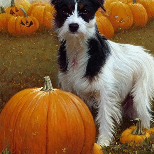 Image similar to a very cute scruffy long haired jack russell terrier puppy, white with chocolate brown spots and a brown patch over both eyes, amidst piles of pumpkins. halloween autumn fall art. beautiful painting by artgerm and greg rutkowski and alphonse mucha