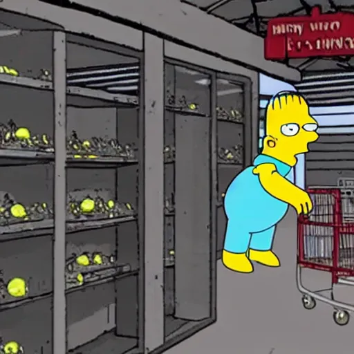 Prompt: CCTV footage of Homer Simpson robbing a store