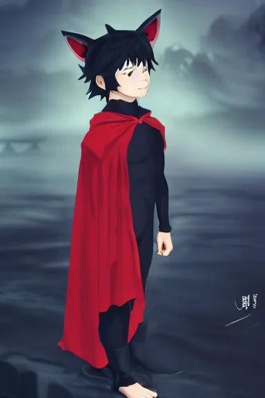 Image similar to little boy with cat ears in an black outfit with red cape. digital artwork made by lois van baarle and kentaro miura, sharpness focus, inspired by hirohiko araki and film noir, anatomically correct, heroic composition, hero pose, smooth