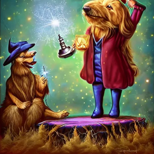Image similar to wizard dog as magic wizard casting spell surreal art