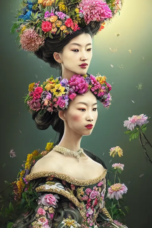 Image similar to a beautiful portrait of an empress in her garden, with a brilliant, impossible striking big flower headpiece, clothes entirely made out of flowers, symmetrical, closeup, dramatic studio lighting, rococo, baroque, jewels, asian, hyperrealism, D&D, fantasy, intricate, elegant, highly detailed, digital painting, artstation, octane render, 8k, concept art, matte, sharp focus, illustration, art by Artgerm and Greg Rutkowski and Alphonse Mucha