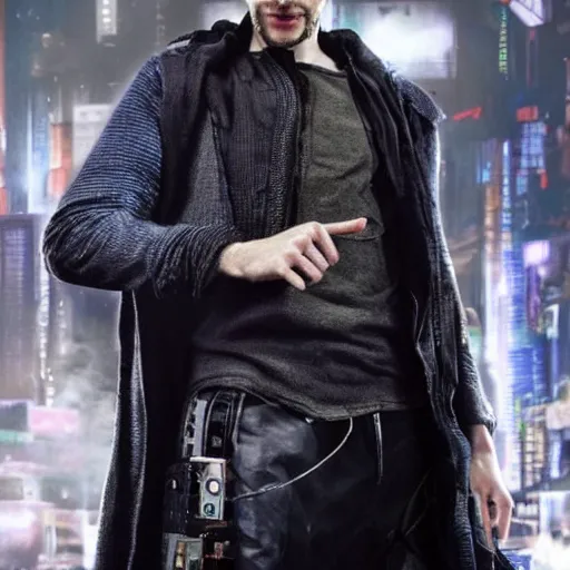 Image similar to Colin Morgan as Cyberpunk Merlin