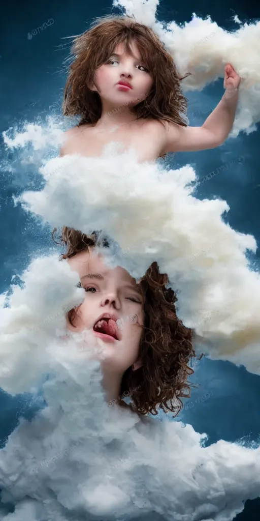 Prompt: beautiful girl made of an aggressive cream drop cloud in water