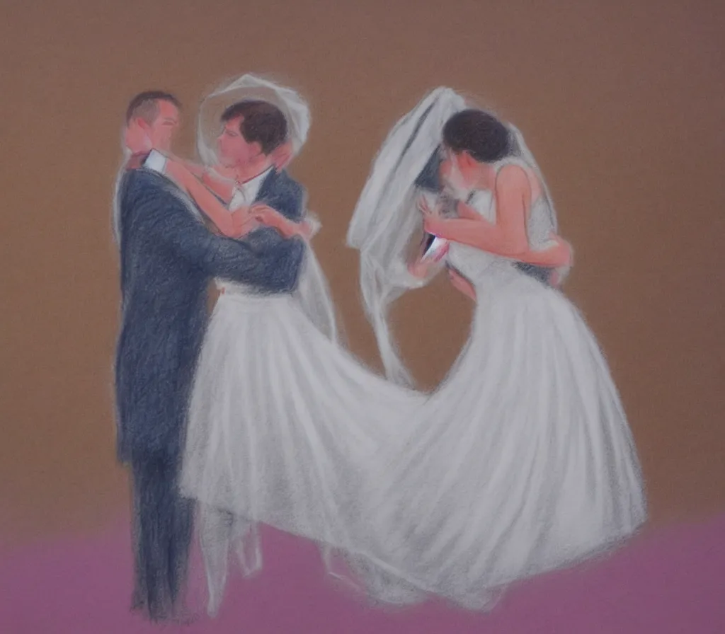 Prompt: soft pastel drawing of a couple dancing on a crescent moon during their wedding ceremony, soft lighting, neutral colours