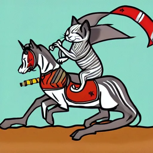 Prompt: a piebald warrior cat riding a large striped gray cat steed galloping into battle he holds the reigns with one paw and a battle flag with the other