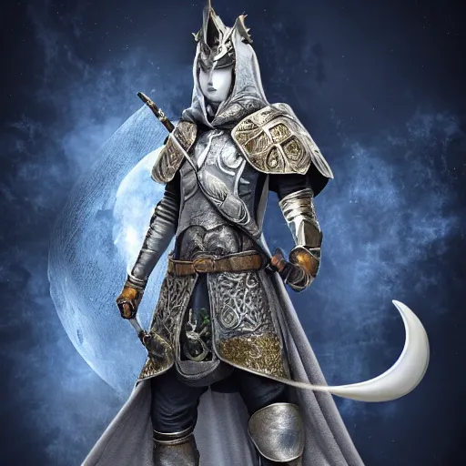 Image similar to photo of a moon themed magical rogue warrior with silver robes, highly detailed, 4k, HDR, award-winning,