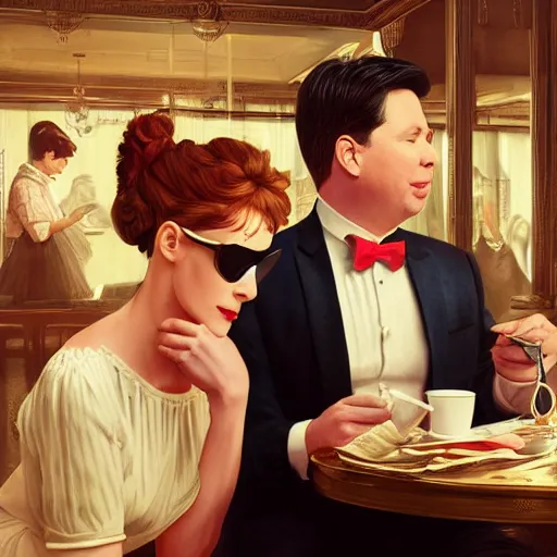 Prompt: holly golightly with michael mcintyre having breakfast in a tiffany's shop, anatomy, bathed in light, highly detailed, photorealistic, artstation, smooth, sharp focus, illustration, unreal engine 5, 8 k, art by artgerm and greg rutkowski and edgar maxence